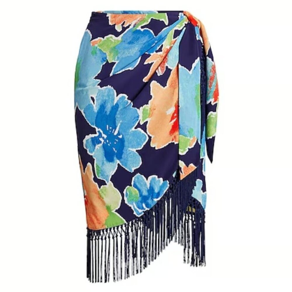 Lauren Ralph Lauren Navy Blue Floral Fringe Faux-Wrap Skirt Tropical Crepe Midi - Picture 5 of 12